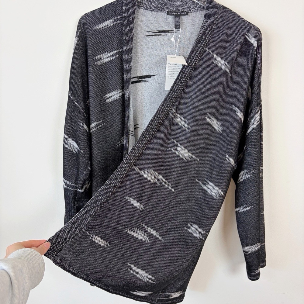 Eileen Fisher Black Kimono Cardigan Medium Open Sweater Pattern Office Knit - Picture 6 of 11